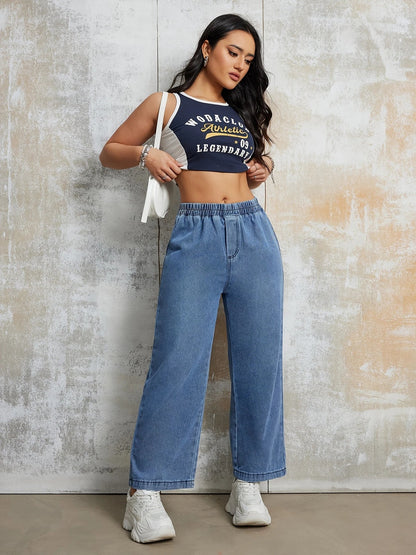 Denim broek met wijde pijpen en elastische taille Jelle Jora Mode