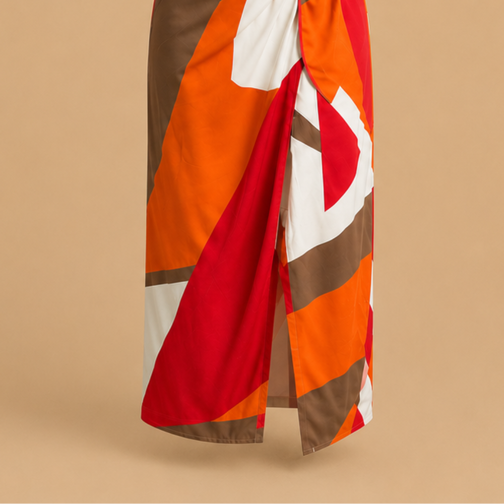 Dames midi-wikkeljurk met strikceintuur en abstract design Jelle Jora Mode