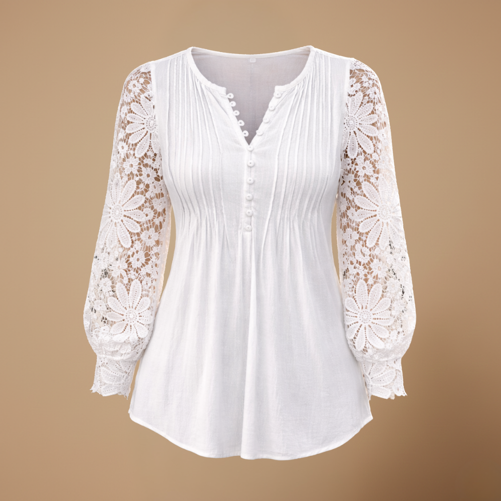 Damesblouse met kanten mouwen plooien en knopen Jelle Jora Mode