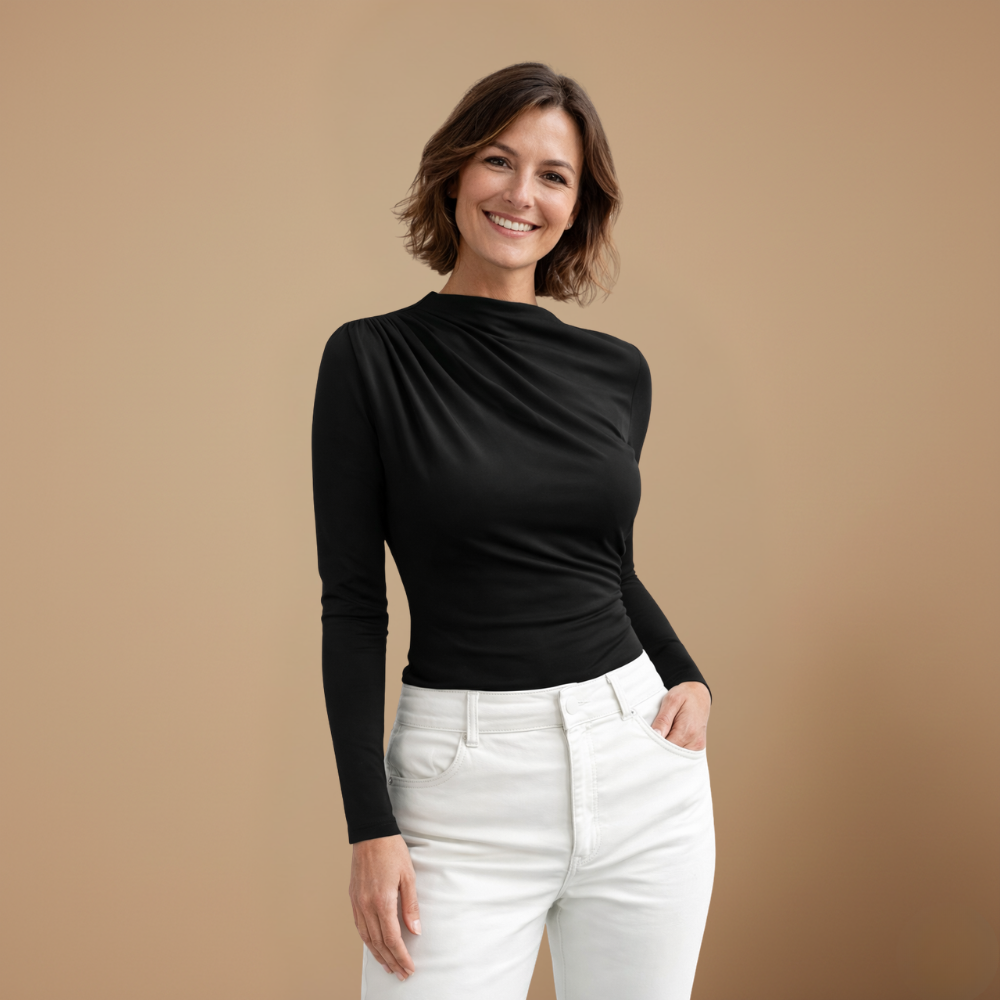 Dames-top met gerimpelde kraag lange mouwen en een slanke pasvorm Jelle Jora Mode