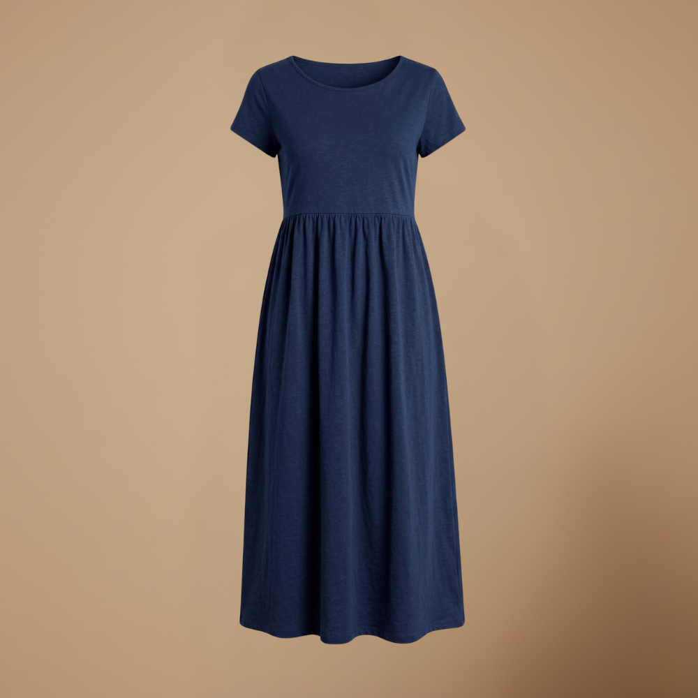 Dames casual midi jurk met ronde hals korte mouwen en zakken Jelle Jora Mode