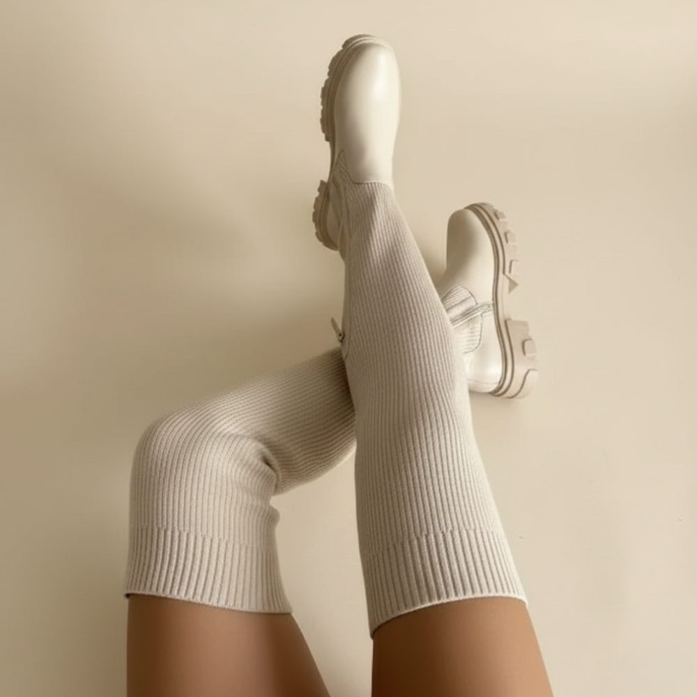 Gebreide overknee laarzen voor dames Rubberen buitenzool Jelle Jora Mode