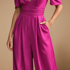 Jumpsuit met pofmouwen V-hals en wijde pijpen Jelle Jora Mode
