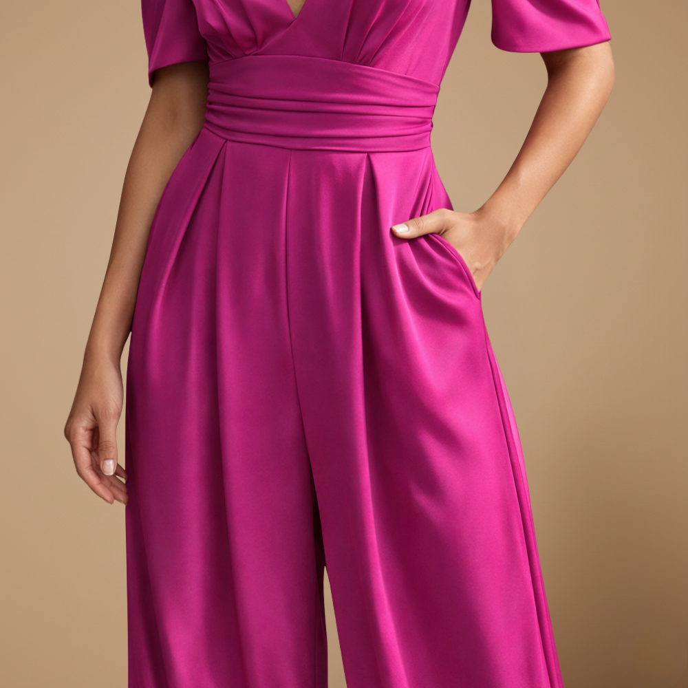 Jumpsuit met pofmouwen V-hals en wijde pijpen Jelle Jora Mode