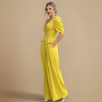 Jumpsuit met pofmouwen V-hals en wijde pijpen Jelle Jora Mode