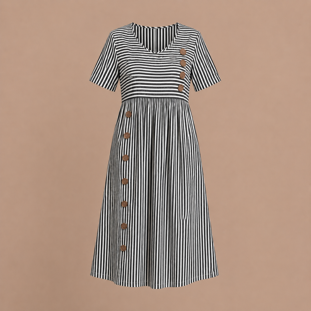 Dames gestreepte midi-jurk met zakken en knoopdetails Jelle Jora Mode