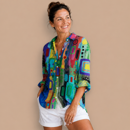 Dames casual blouse met lange mouwen knopen en abstract patroon Jelle Jora Mode