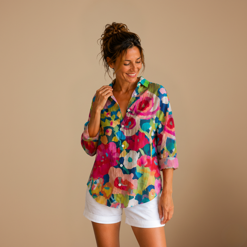Dames casual blouse met bloemenprint lange mouwen en knopen Jelle Jora Mode