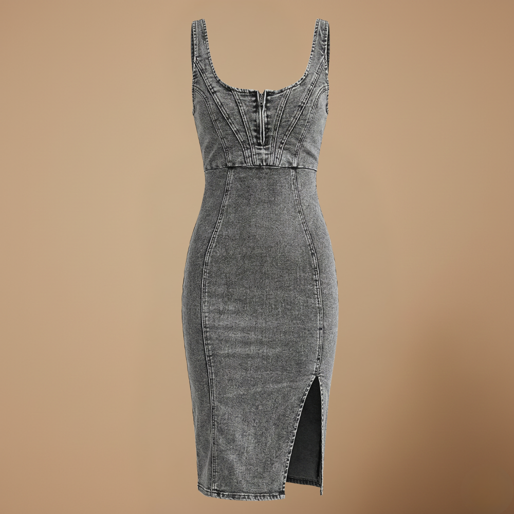 Dames mouwloze U-hals denim bodycon midi-jurk Jelle Jora Mode