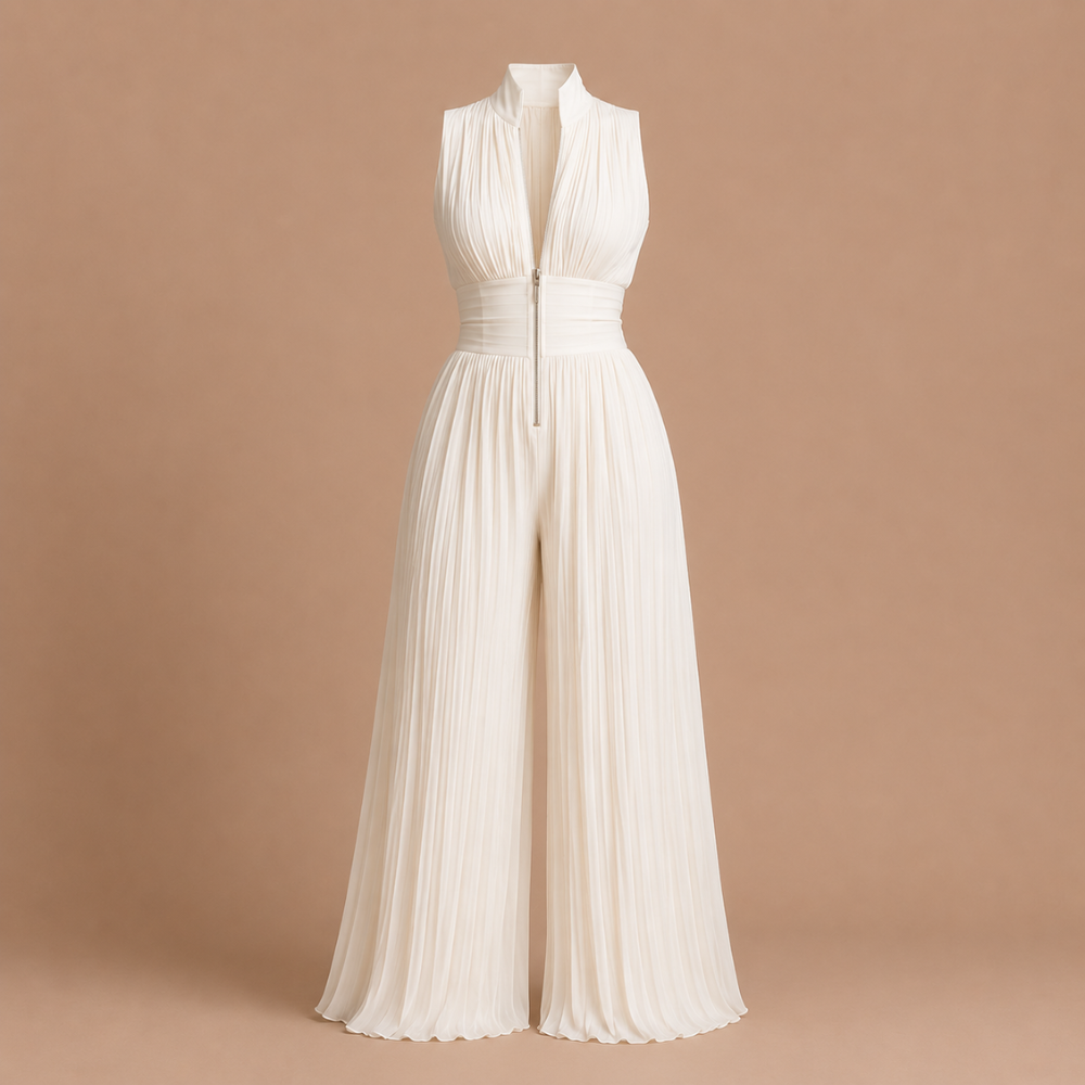 Dames jumpsuit met plooien V-hals en wijde pijpen Jelle Jora Mode