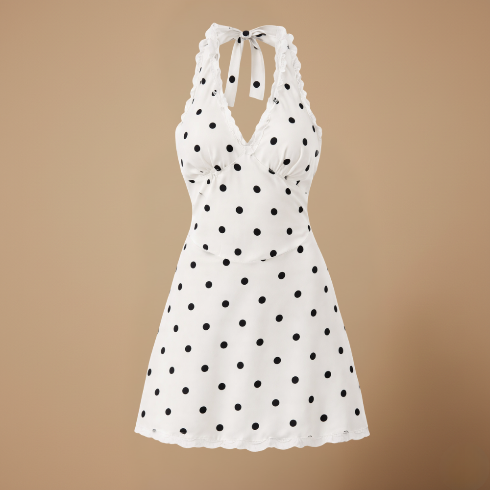 Dames elegante mini-jurk met halternek en stippenprint Jelle Jora Mode