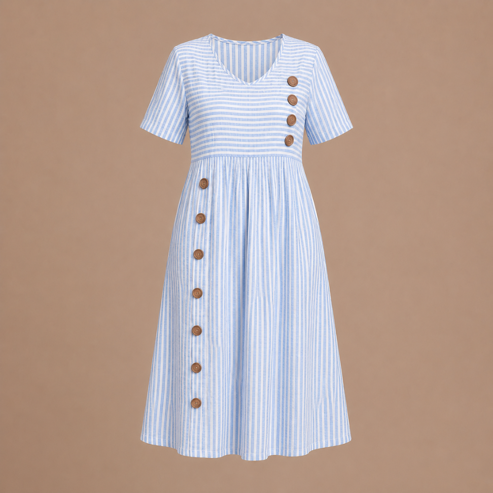Dames gestreepte midi-jurk met zakken en knoopdetails Jelle Jora Mode