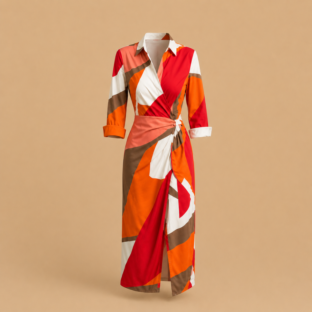 Dames midi-wikkeljurk met strikceintuur en abstract design Jelle Jora Mode
