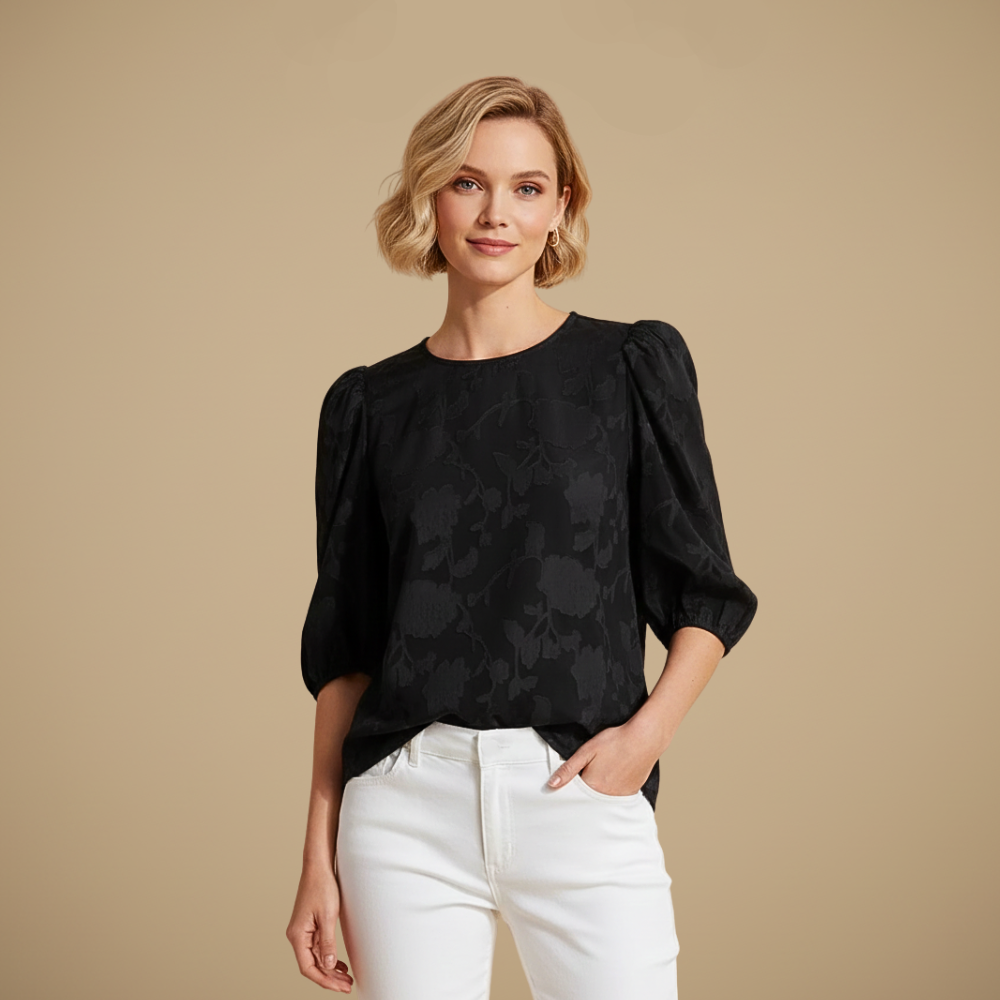 Damesblouse van chiffon met ronde hals en pofmouwen Jelle Jora Mode