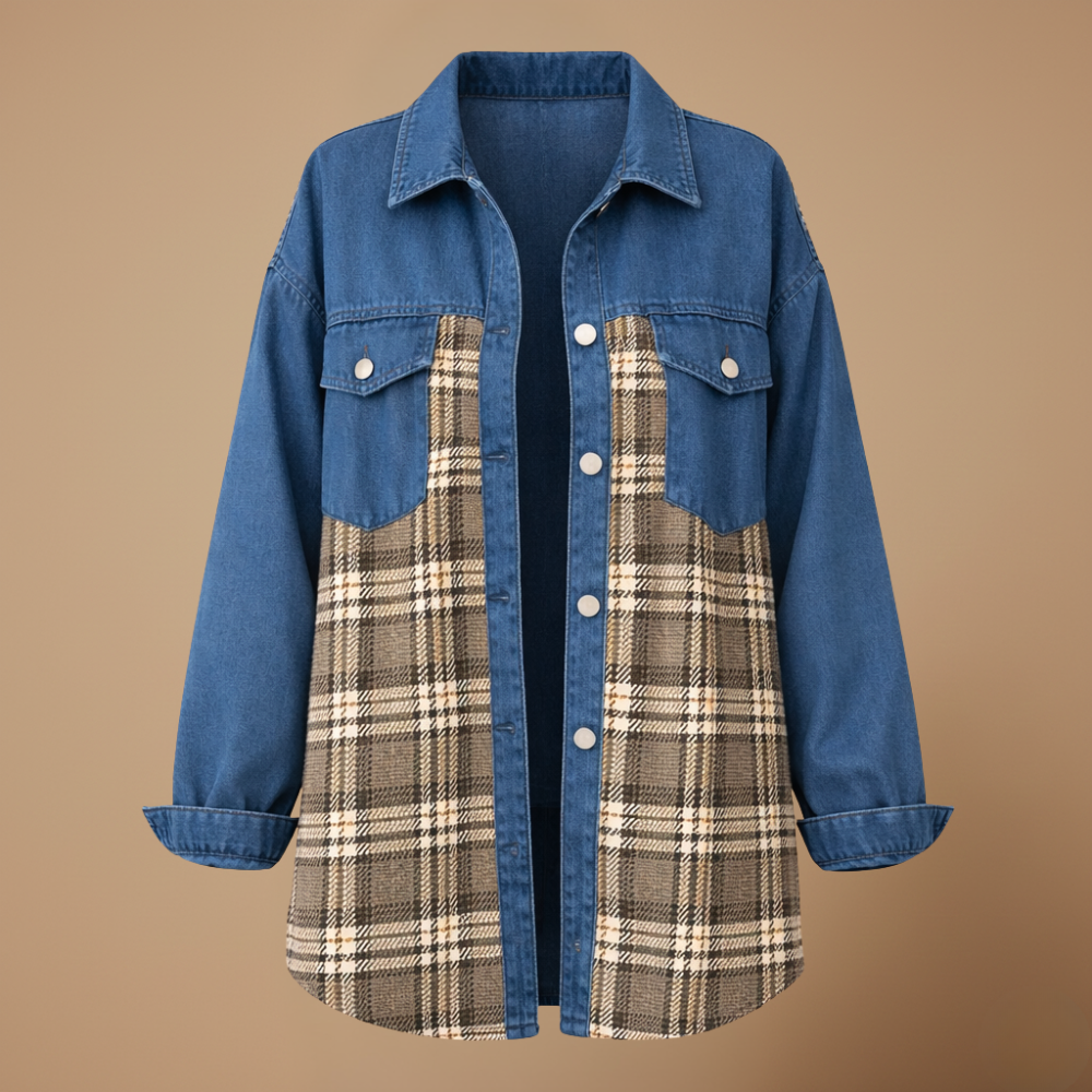 Denim jasje met patchwork ruitjesmotief en knoopsluiting Jelle Jora Mode