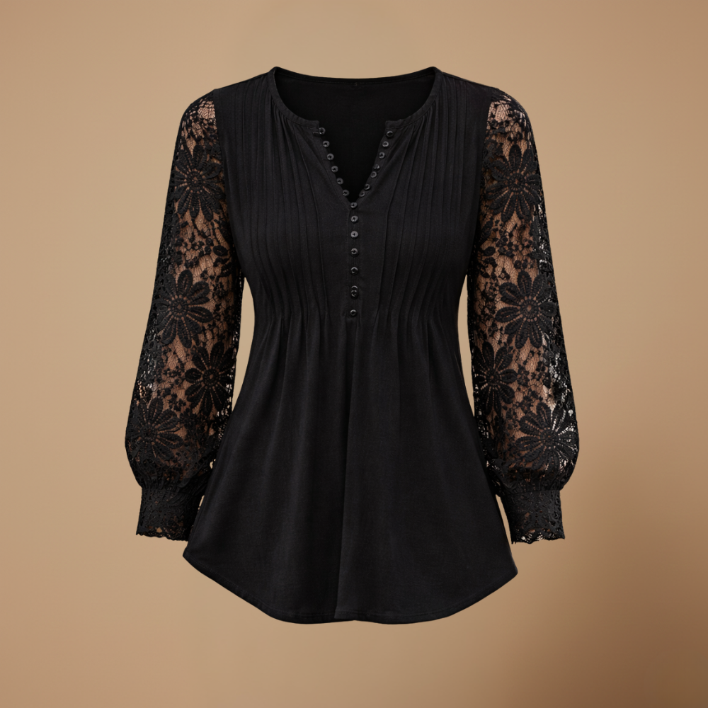 Damesblouse met kanten mouwen plooien en knopen Jelle Jora Mode