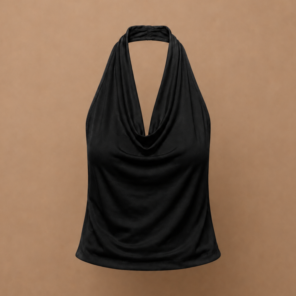Dames-tanktop met gedrapeerde halternek open rug en zonder mouwen Jelle Jora Mode