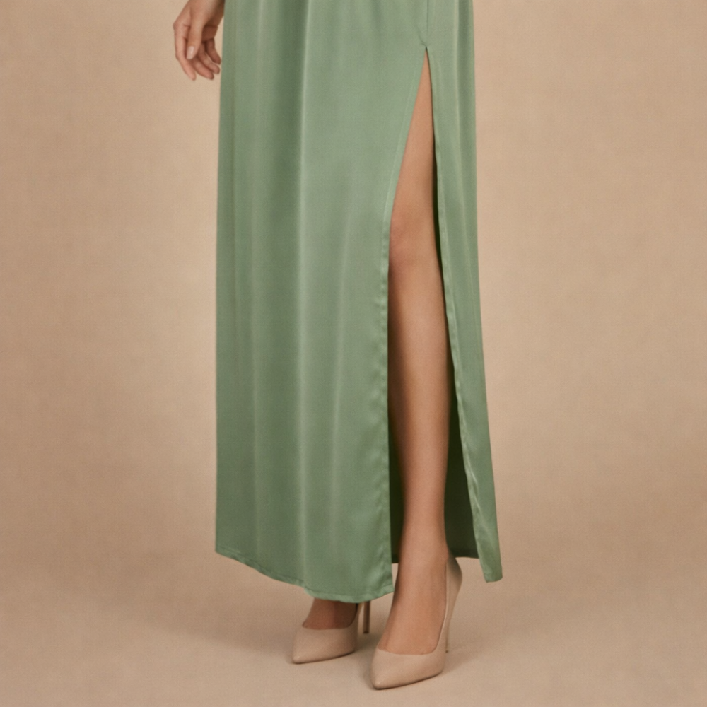 Elegante midi-jurk met V-hals split en strikceintuur Jelle Jora Mode
