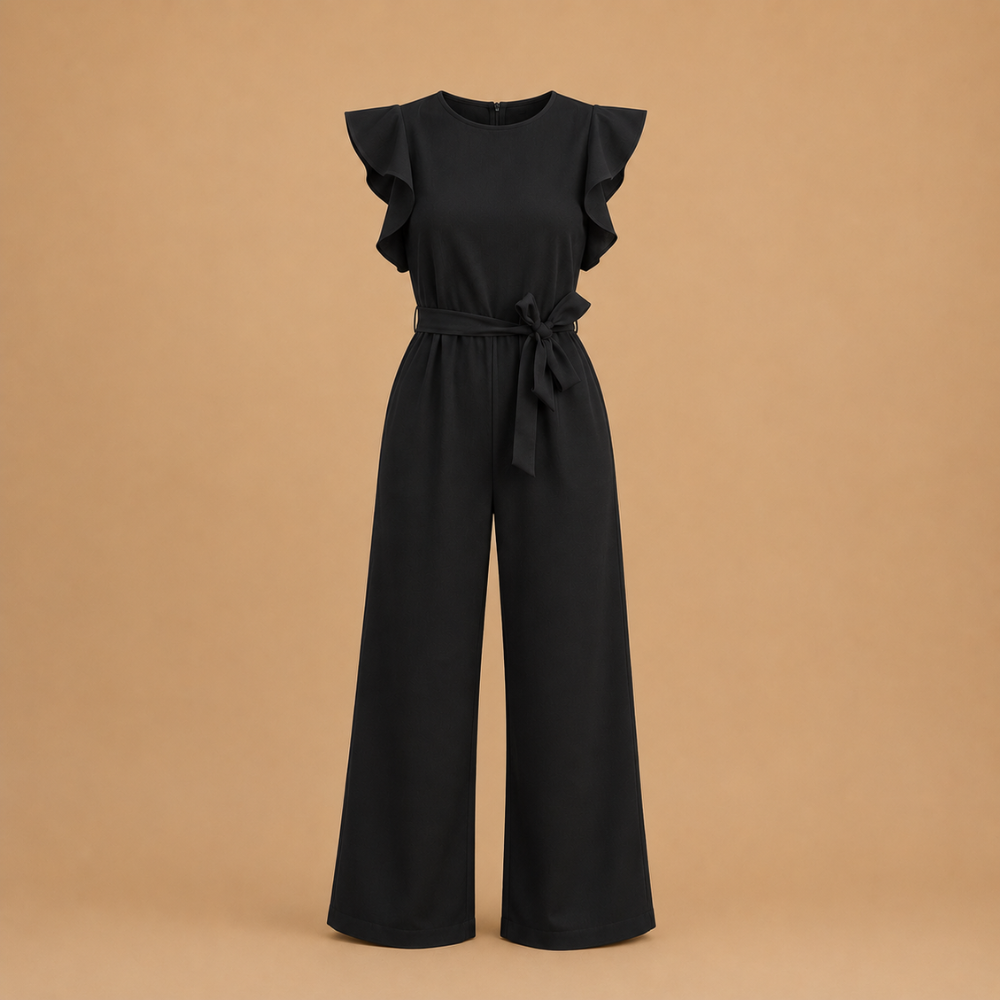 Dames jumpsuit met wijde pijpen gerimpelde mouwen en ceintuur Jelle Jora Mode