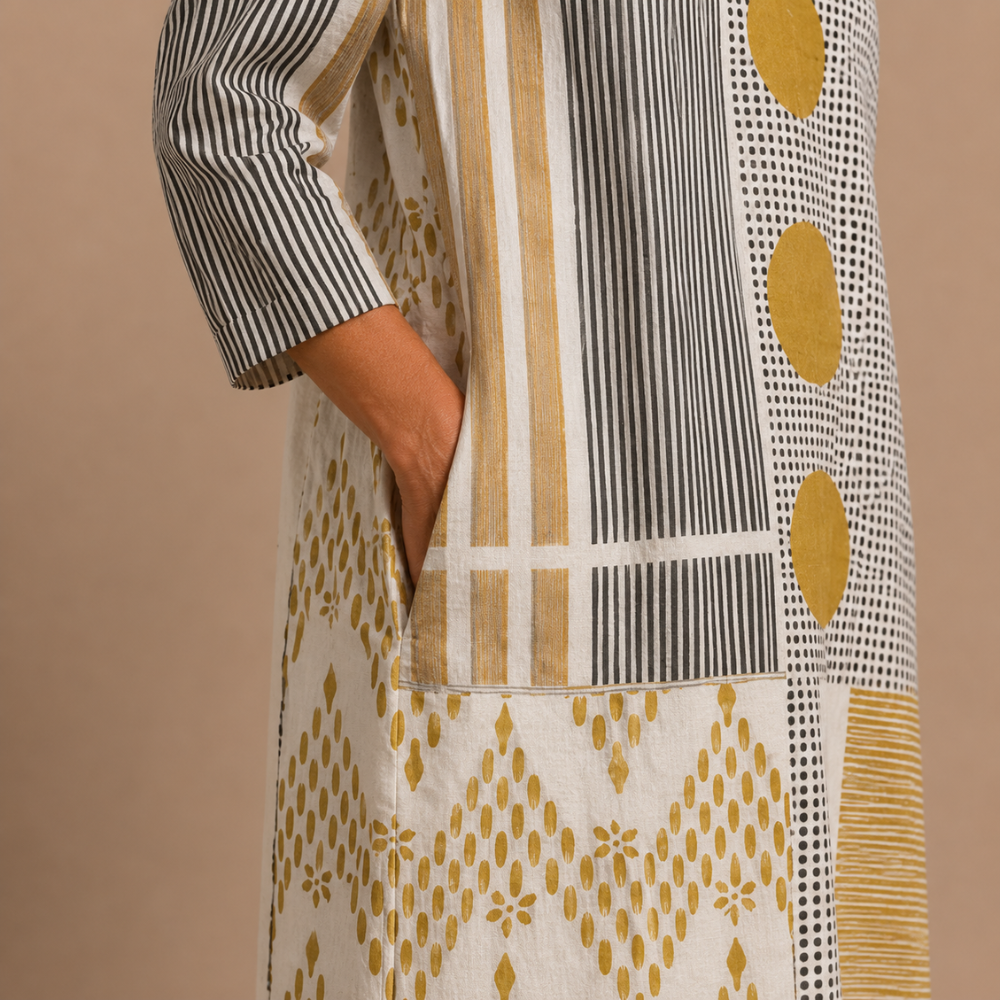 Dames maxijurk met artistiek ontwerp en V-hals Jelle Jora Mode
