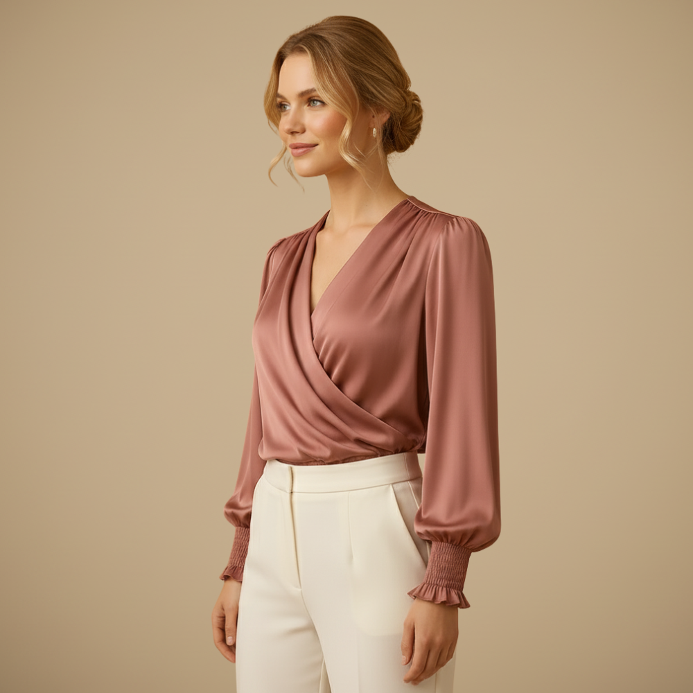 Damesblouse met V-hals en lantaarnmouwen Jelle Jora Mode