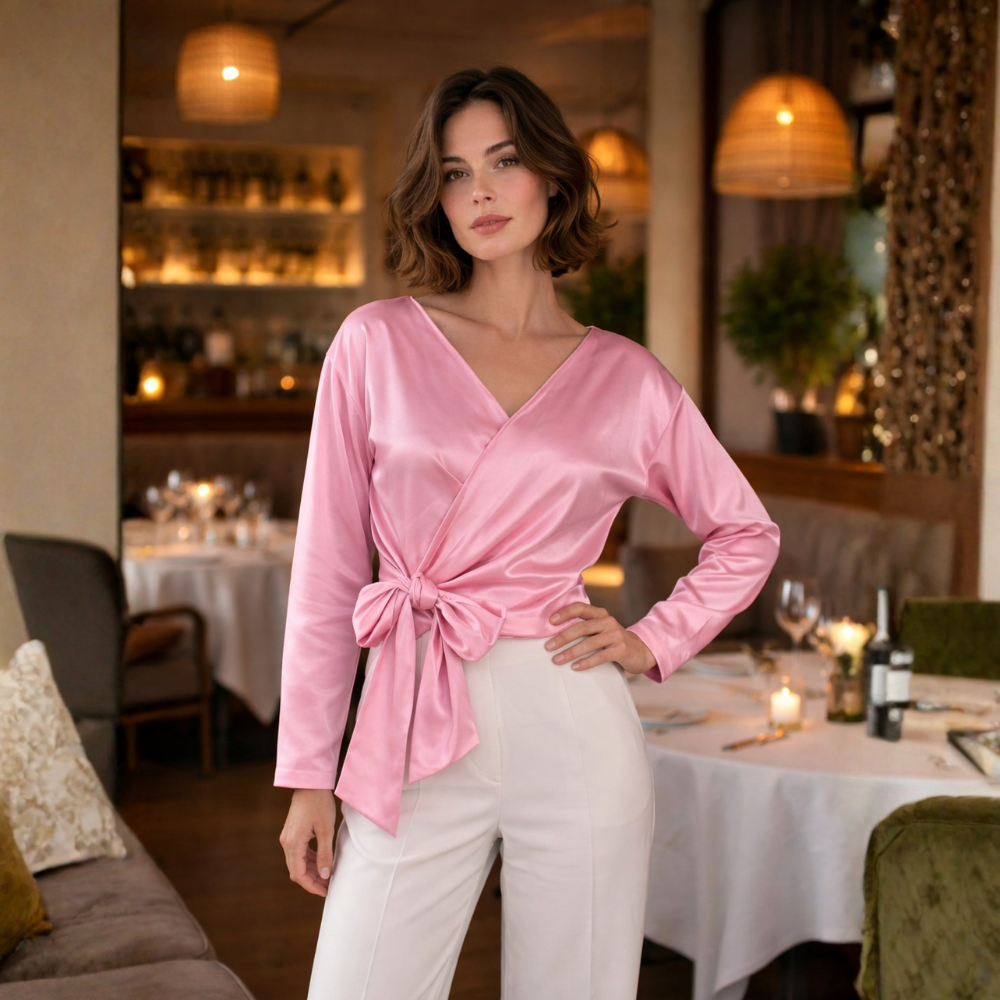Dames elegante casual wikkelblouse met strikceintuur en lange mouwen Jelle Jora Mode