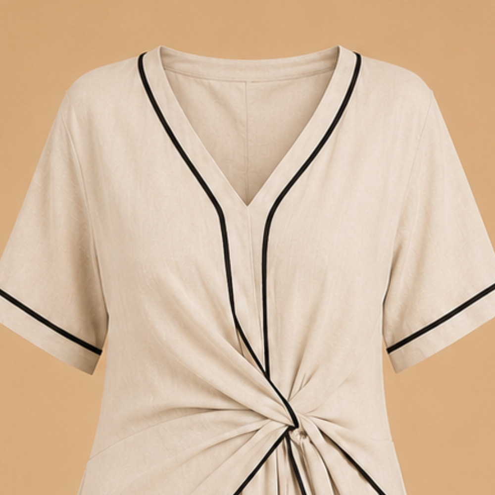 Dames midi-jurk met V-hals en plooien Jelle Jora Mode