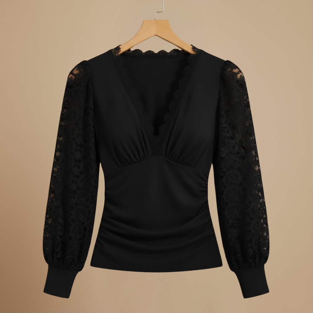 Dames top met V-hals en lange mouwen met kanten ontwerp Jelle Jora Mode