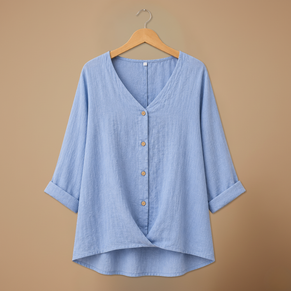 Dames casual blouse met losse pasvorm knoopsluiting en v-hals Jelle Jora Mode