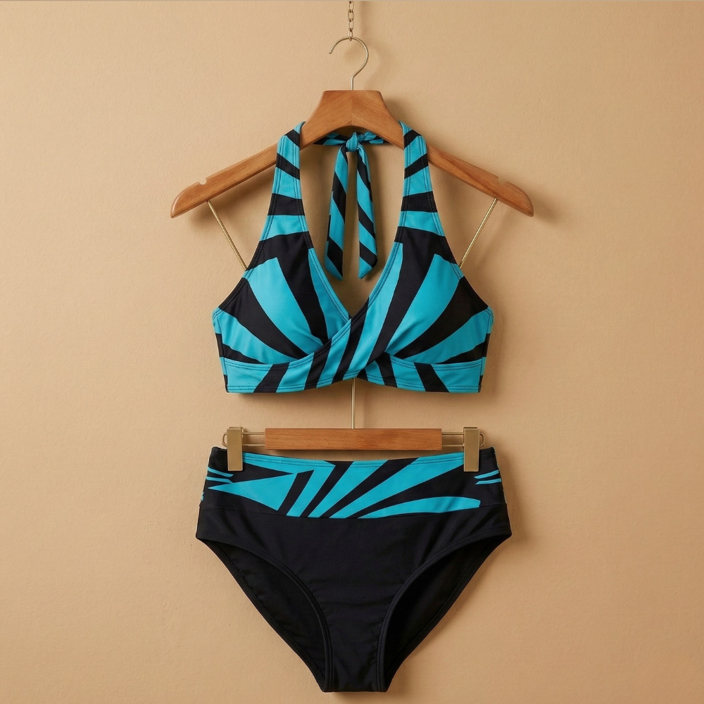 Dames gestreepte halterbikini set met hoge taille tweedelige badkleding Jelle Jora Mode