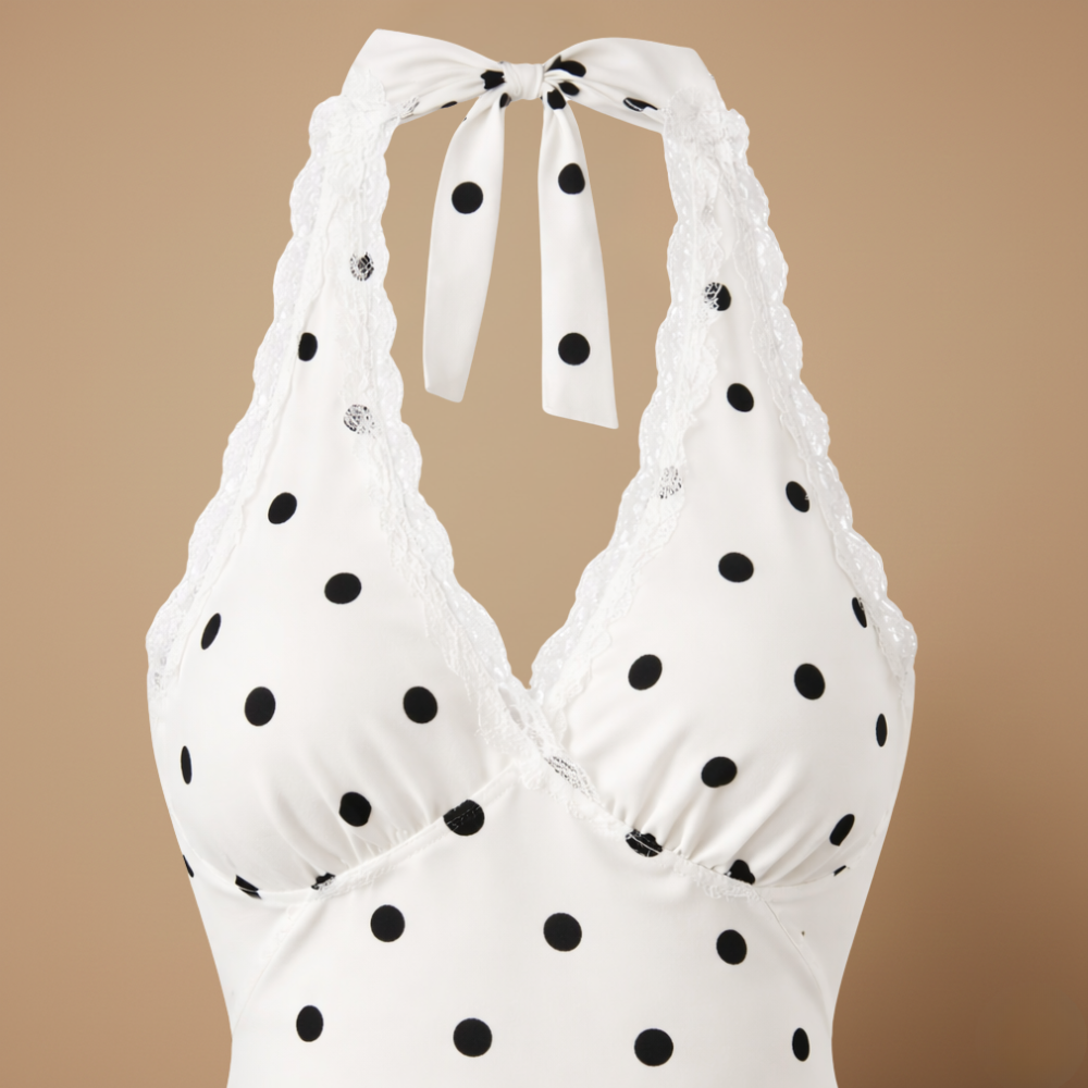 Dames elegante mini-jurk met halternek en stippenprint Jelle Jora Mode