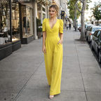 Jumpsuit met pofmouwen V-hals en wijde pijpen Jelle Jora Mode
