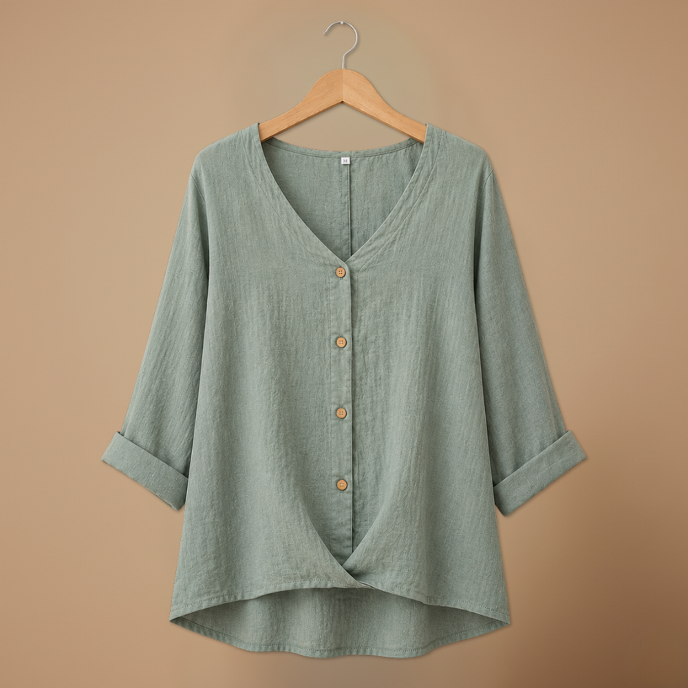 Dames casual blouse met losse pasvorm knoopsluiting en v-hals Jelle Jora Mode