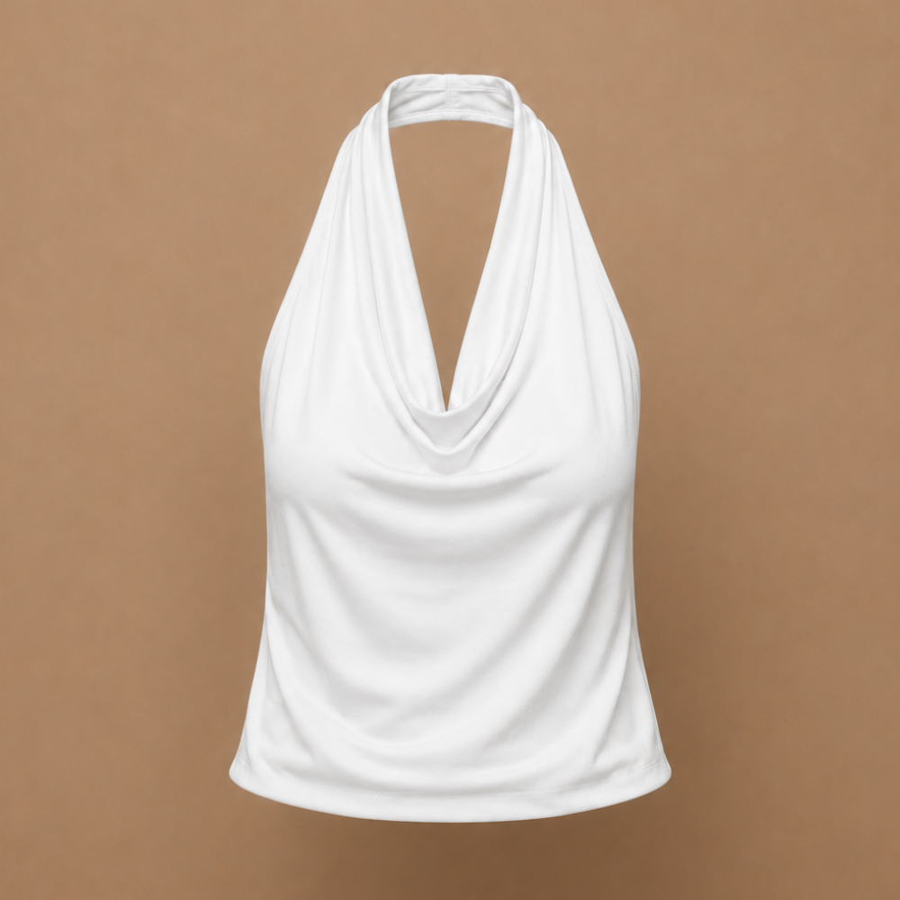 Dames-tanktop met gedrapeerde halternek open rug en zonder mouwen Jelle Jora Mode