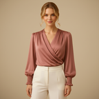 Damesblouse met V-hals en lantaarnmouwen Jelle Jora Mode