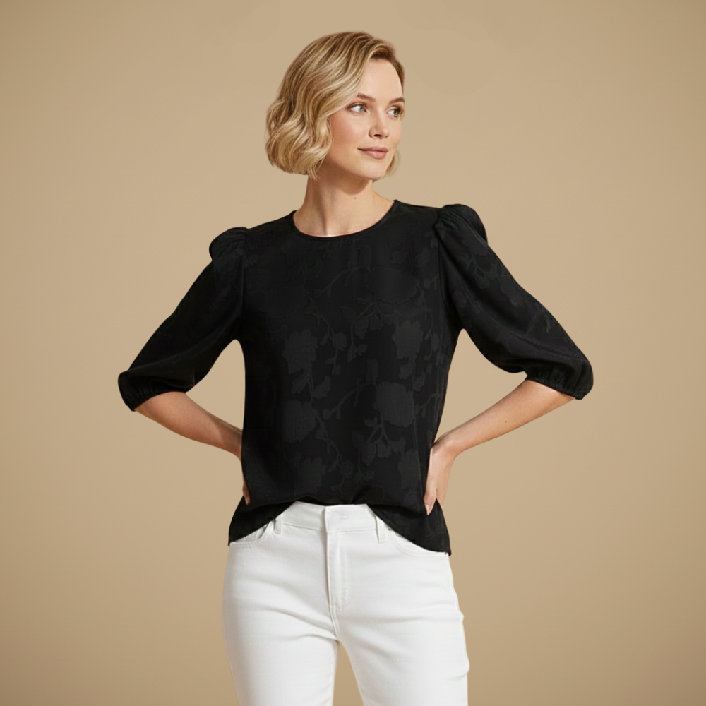 Damesblouse van chiffon met ronde hals en pofmouwen Jelle Jora Mode