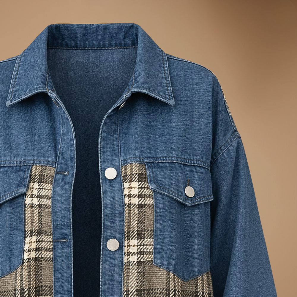 Denim jasje met patchwork ruitjesmotief en knoopsluiting Jelle Jora Mode