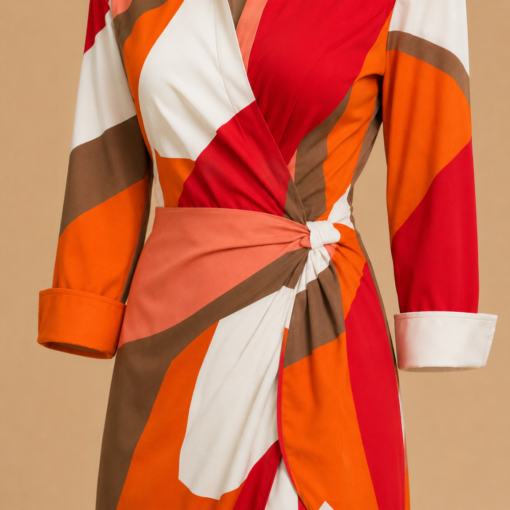 Dames midi-wikkeljurk met strikceintuur en abstract design Jelle Jora Mode