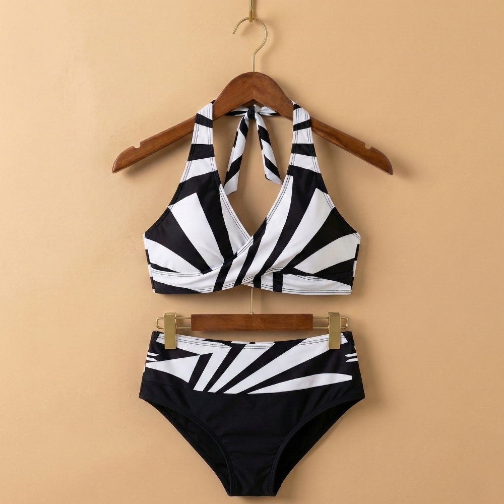 Dames gestreepte halterbikini set met hoge taille tweedelige badkleding Jelle Jora Mode