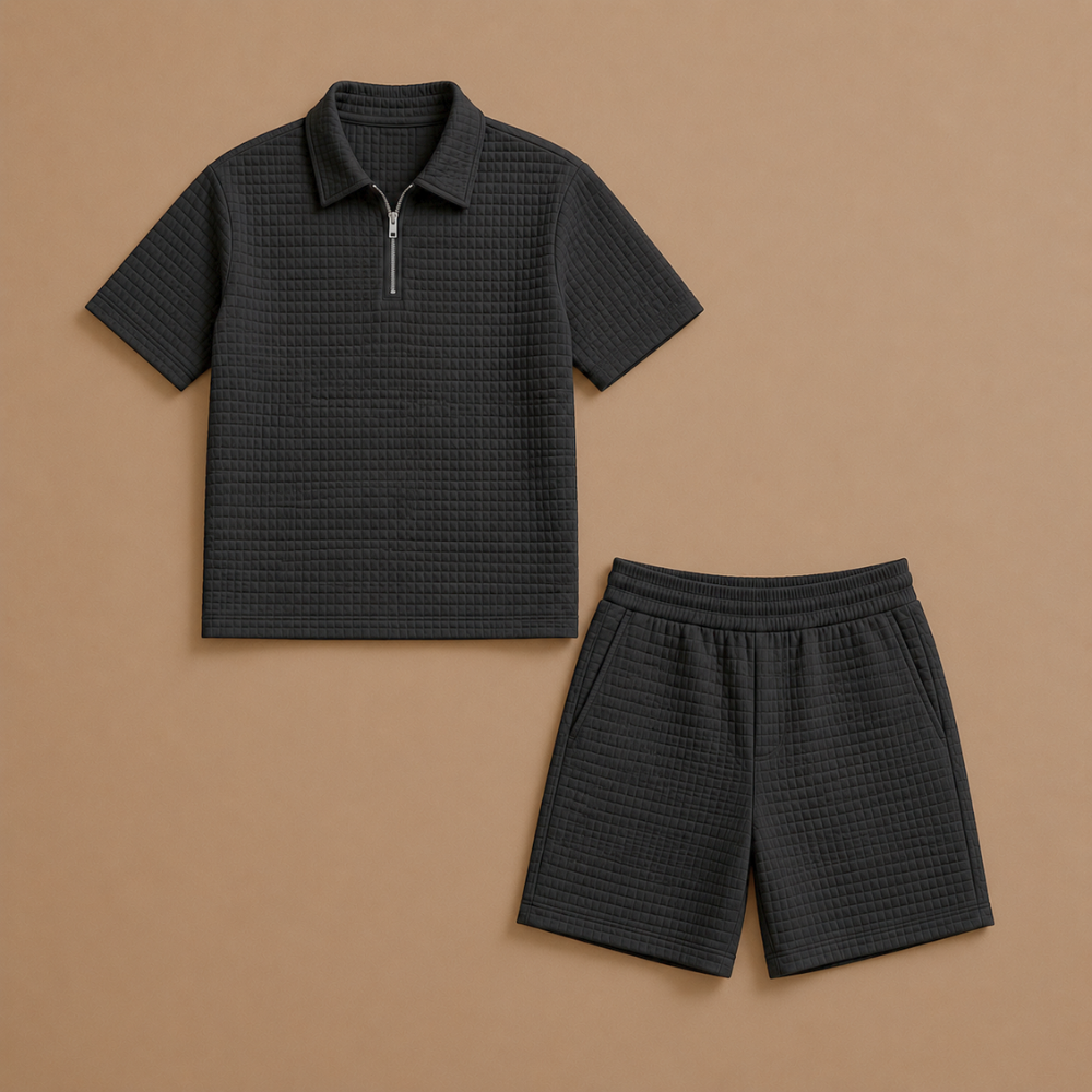 Heren casual zomerse set met gestructureerde poloshort Jelle Jora Mode