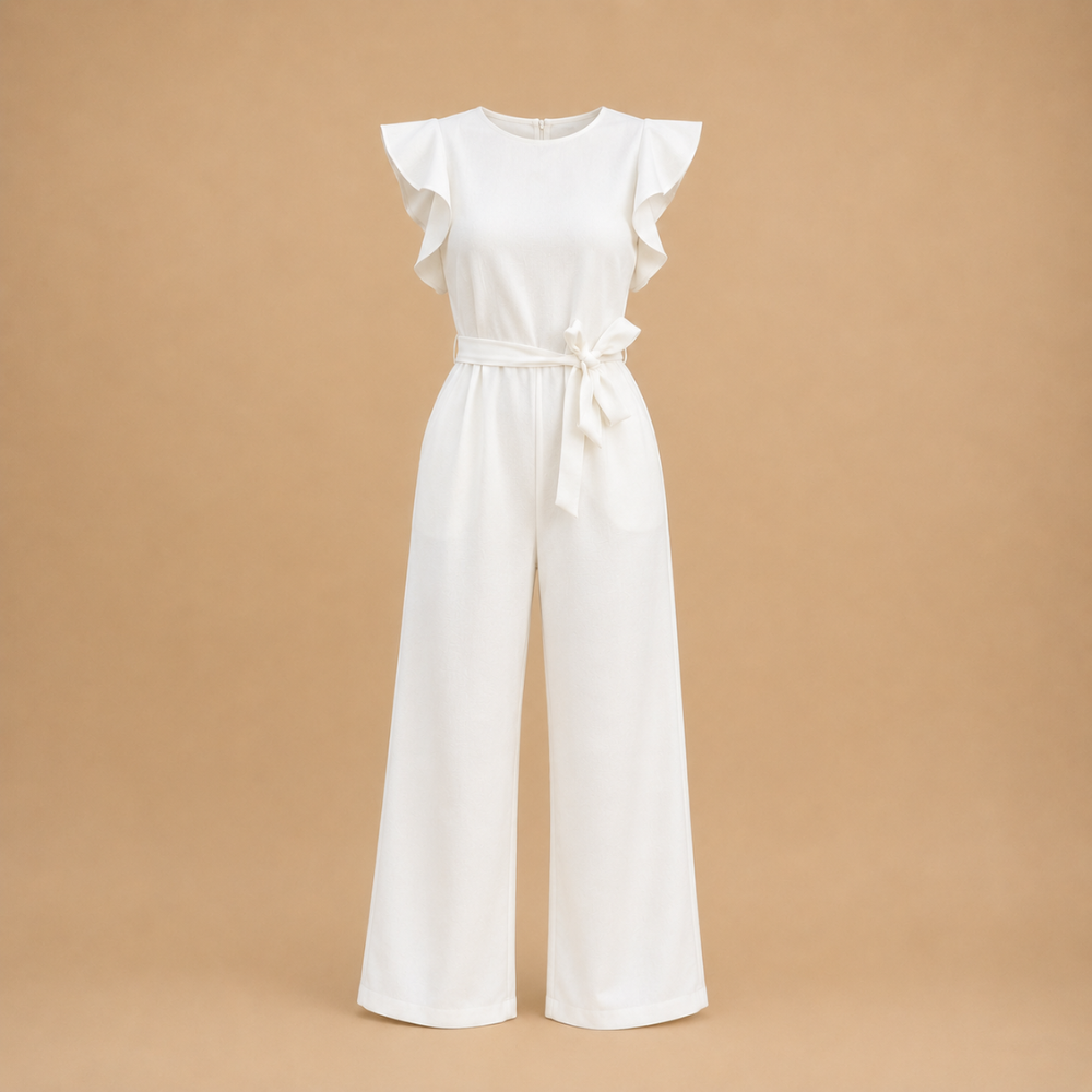 Dames jumpsuit met wijde pijpen gerimpelde mouwen en ceintuur Jelle Jora Mode