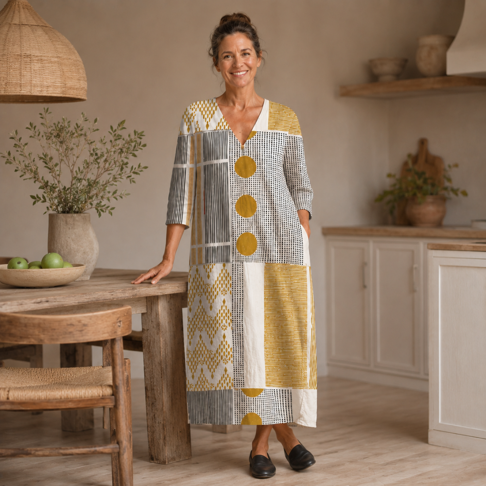 Dames maxijurk met artistiek ontwerp en V-hals Jelle Jora Mode