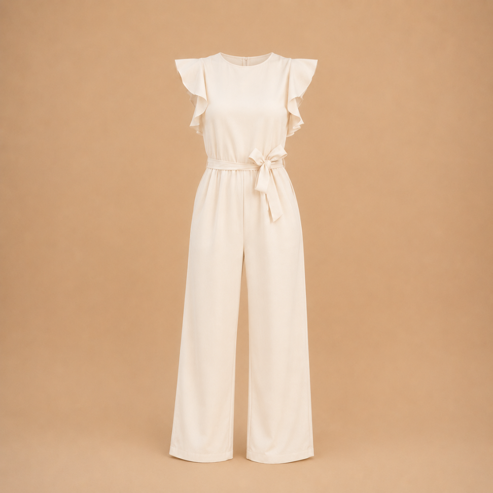 Dames jumpsuit met wijde pijpen gerimpelde mouwen en ceintuur Jelle Jora Mode