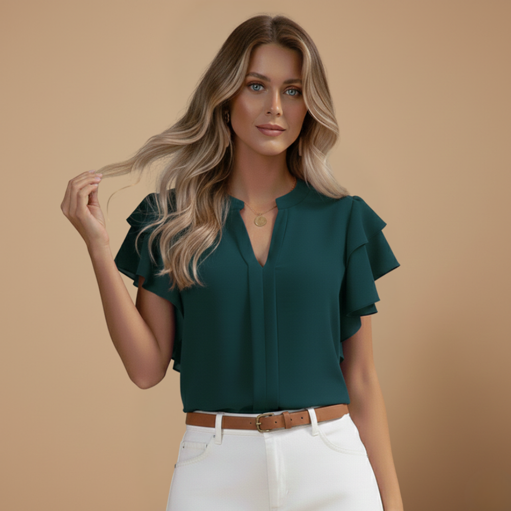 Damesblouse met ruches en V-hals – Stijlvolle zomerse casual top Jelle Jora Mode