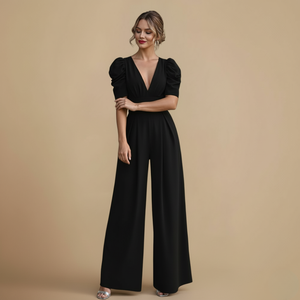 Jumpsuit met pofmouwen V-hals en wijde pijpen Jelle Jora Mode