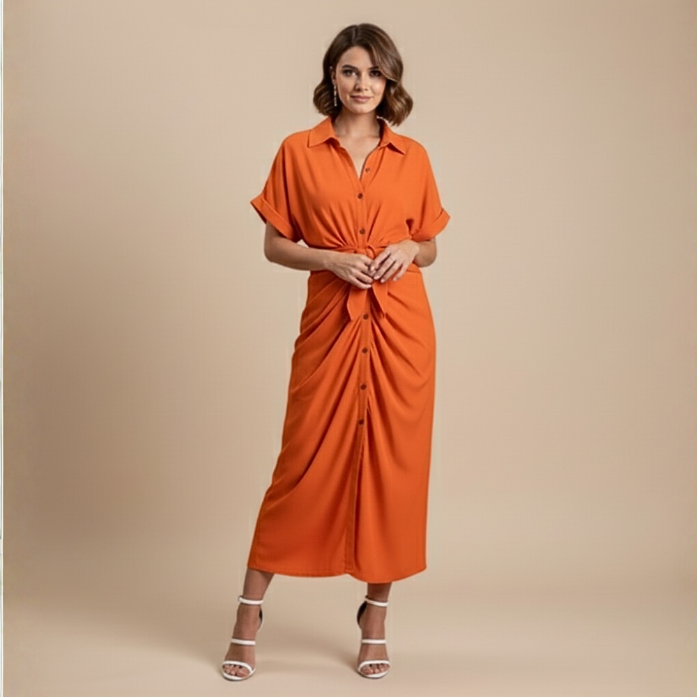 Minimalistische midi-jurk met ruches en strikbandjes voor dames Jelle Jora Mode