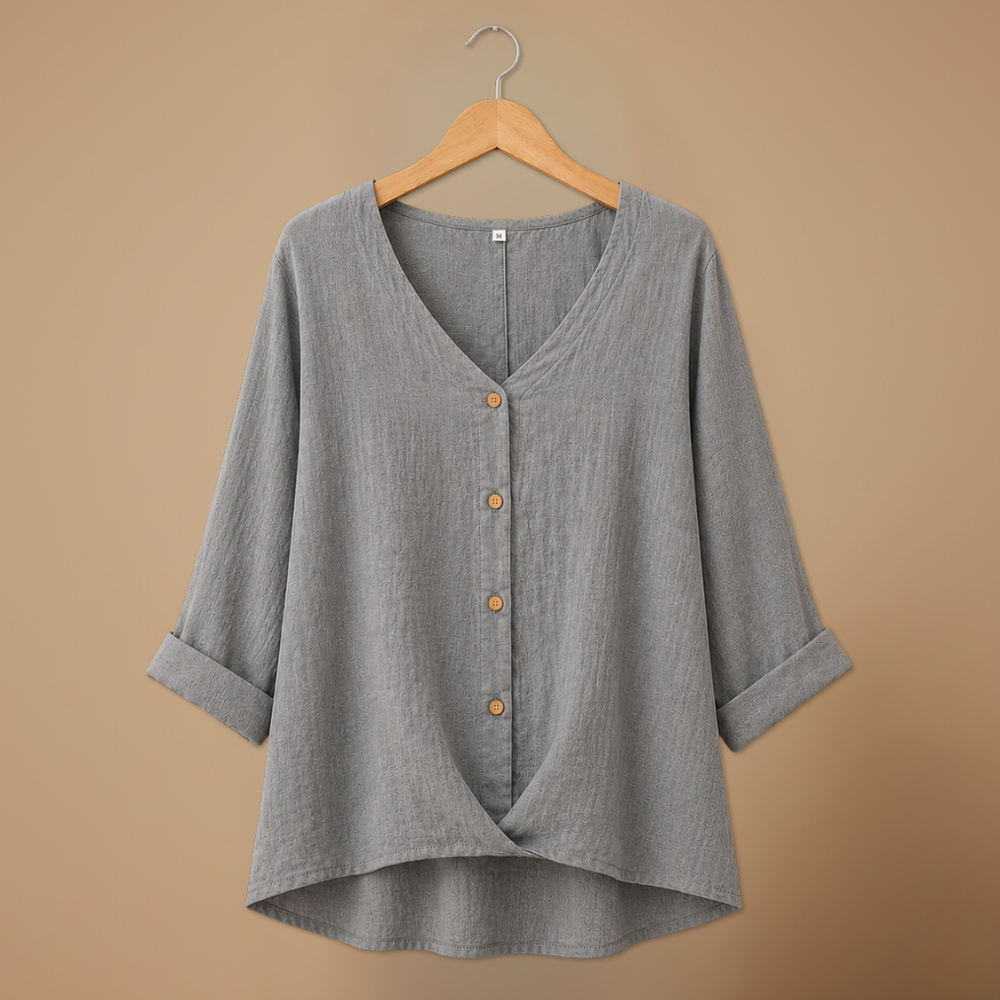 Dames casual blouse met losse pasvorm knoopsluiting en v-hals Jelle Jora Mode