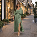 Elegante midi-jurk met V-hals split en strikceintuur Jelle Jora Mode