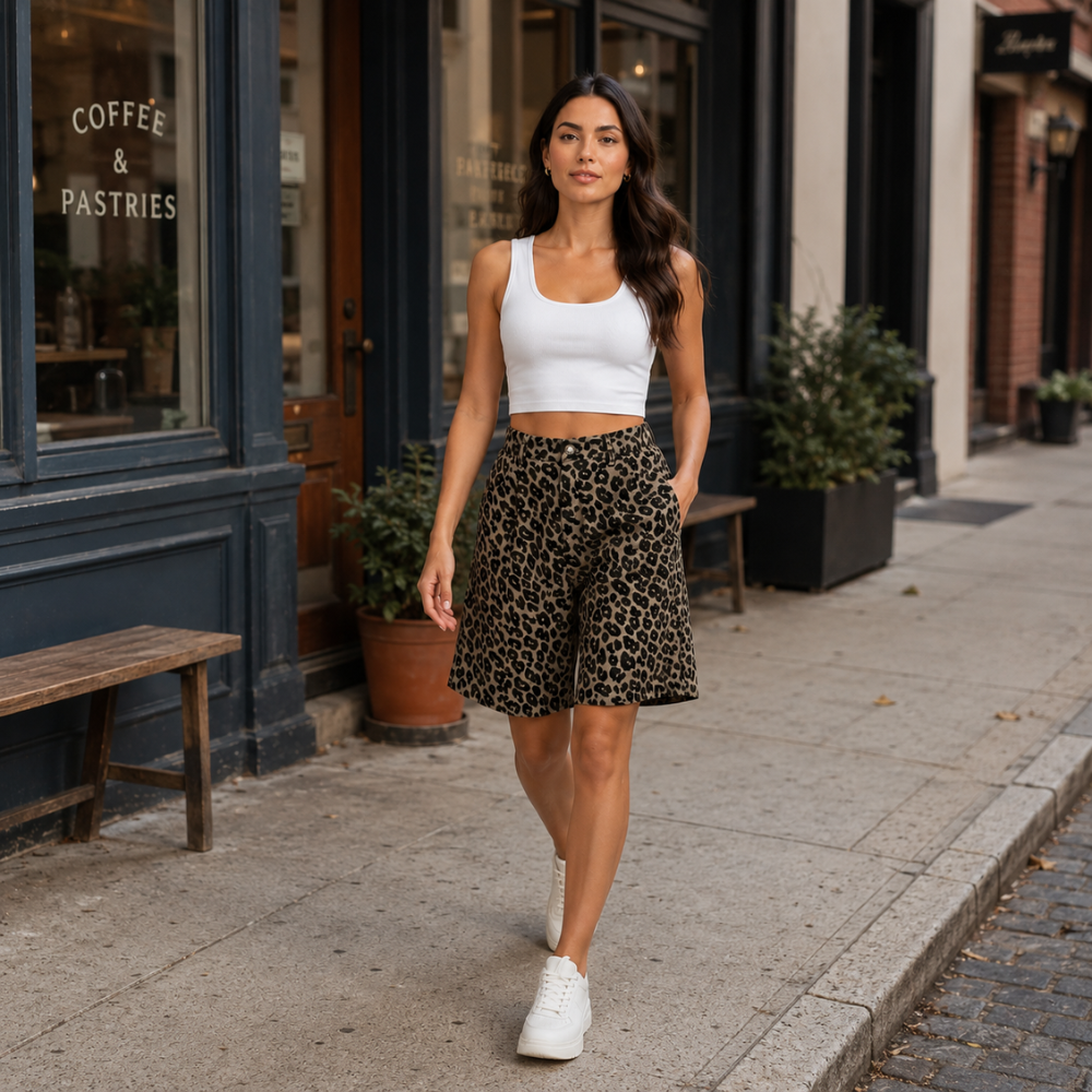 Dames bermudashort met luipaardprint en hoge taille Jelle Jora Mode