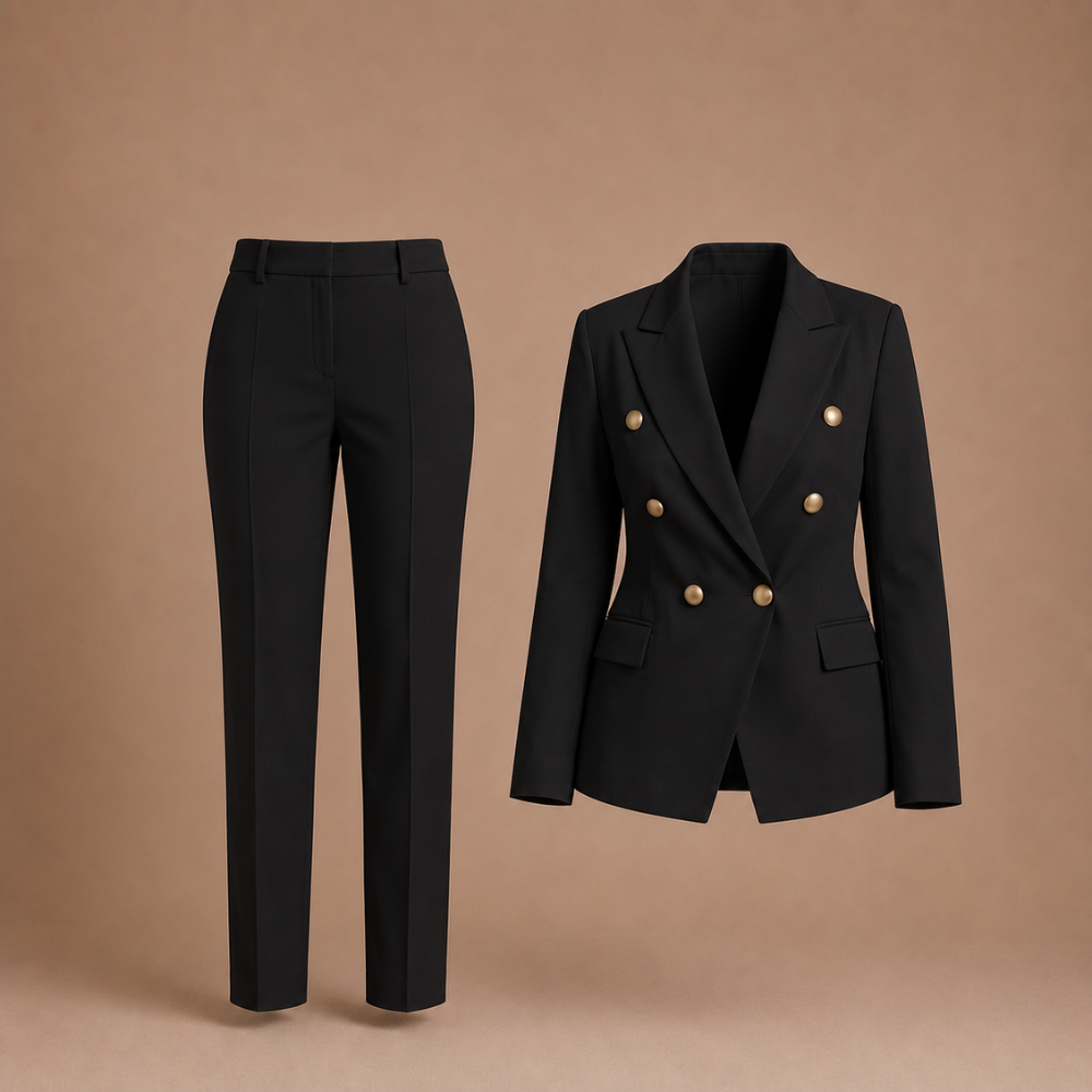 Dames elegant pak met broek en dubbele rij knopen Jelle Jora Mode